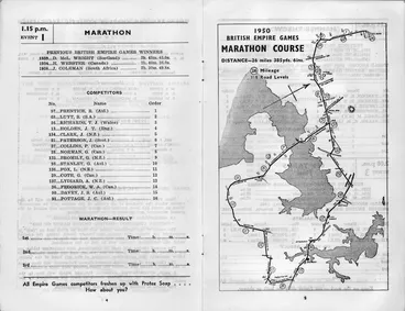 Image: British Empire Games, Auckland, New Zealand, 1950 :Marathon [and] marathon course. [Athletics, fourth day. Saturday, 11th February at Eden Park. Official programme. 1950. Pages 4-5].