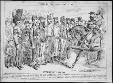 Image: Cartoonist unknown :Attention! Dress! Punch in Canterbury, 20 May 1865.