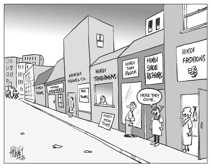 Hikoi signs, Hikoi lawyers, Hikoi Travel Co., Hikoi takeaways, Hikoi sun block, Hikoi shoe repairs, Hikoi fashions. "Here they come." 5 May, 2004.