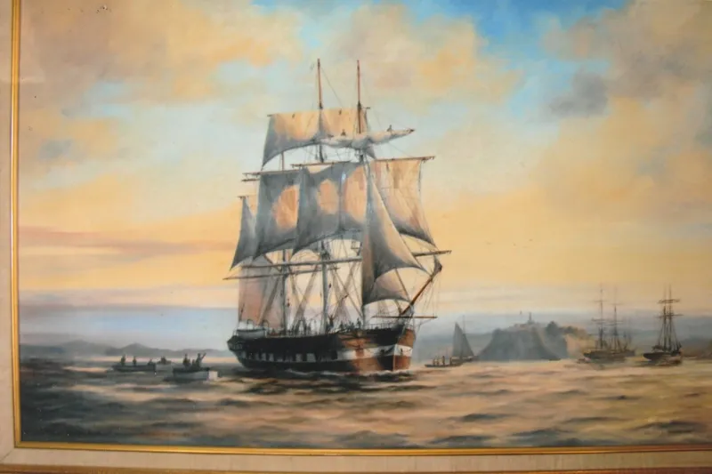 A painting of the Sir George Seymour arriving in Auckland.