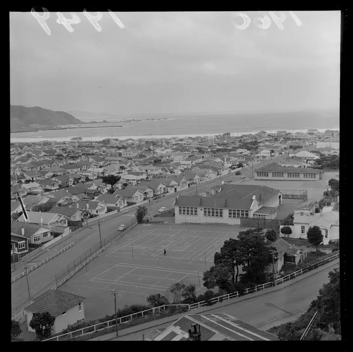 View of Lyall Bay School and Lyall Bay, Wellington