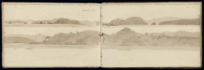 [Ashworth, Edward] 1814-1896 :Hemioramic view of the north part of the Bay of Islands, New Zealand. The greatest elevation shows the remains of Rangihoua (deserted) the first footing of Missionaries. The oldest of that body lives near here Mr. King. [1844]