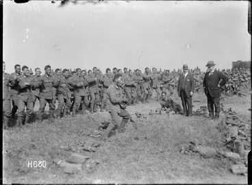 Image: Members of the Pioneer Battalion performing a haka for ministers Massey and Ward, Bois-de-Warnimont, France