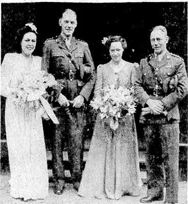 Image: Captain J. E. A. and Mrs. Wheeler and their bridal attendants after their marriage at the Cathedral Church of St. Paul on Friday. From the left, the bride, Captain Wheeler, Mrs. Scott (the ■bride's sister, matron of honour), and Captain R.B: Robertson, best man. The bride is the younger daughter of Mr. and Mrs. H. D. Bennett, of Motueka (formerly of Wellington), and the bridegroom is the eldest son of Mrs. A. M. Wheeler, of Paekakariki. (Evening Post, 15 October 1945)