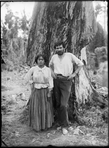 Image: Fred Byrne with unidentified Maori woman, Te Kauri, Otorohanga District