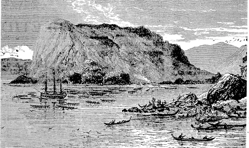 Mercury Bay natives in their canoes greet Captain Cook upon his arrival. (Evening Post, 23 December 1939)