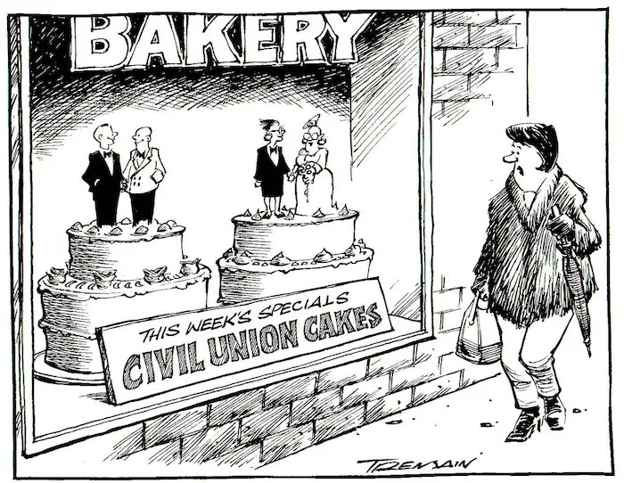 Tremain, Garrick 1941- :This week's specials...Civil Union cakes. Otago Daily Times, 22 June 2004.