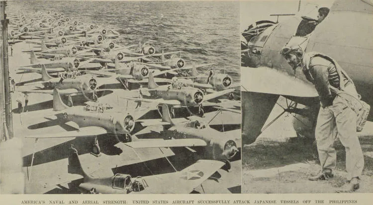 America's naval and aerial strength: United States aircraft successfully attack Japanese vessels off the Philippines
