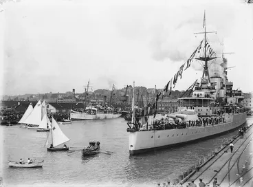 Image: Battlecruiser HMS Renown in Waitemata Harbour, Auckland, during the visit of the Prince of Wales