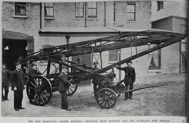 The new telescopic ladder recently imported from England for the Auckland Fire Brigade