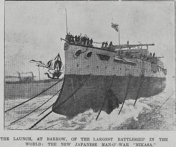 The launch, at Barrow, of the largest battleship in the world: the new Japanese man-o'-war Mikasa