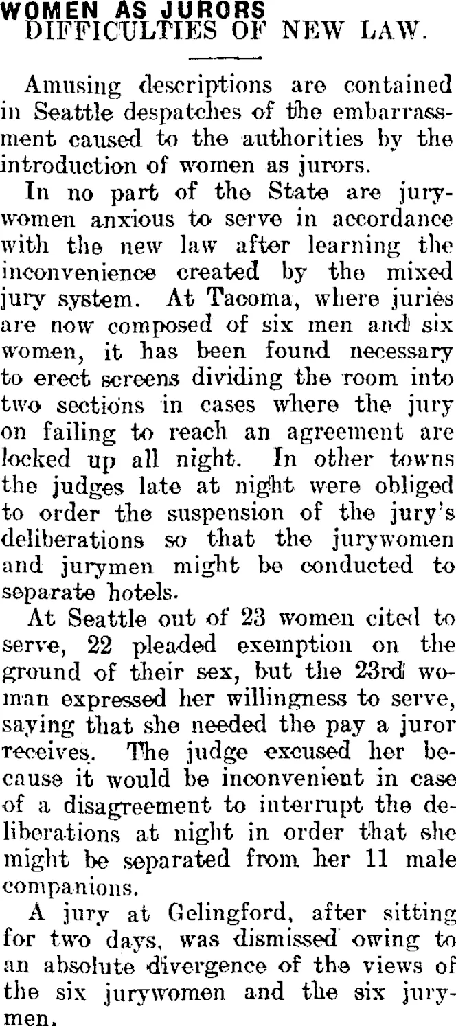 WOMEN AS JURORS. (Mataura Ensign 28-10-1911)