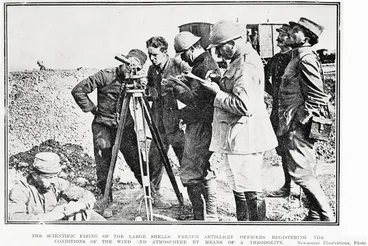 Image: The scientific firing of the large shells: French artillery officers registering the conditions of the wind and atmosphere by means of a theodolite