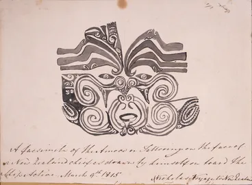 Image: [Te Morenga] fl 1815-1830s :A facsimile of the Amoco or tattooing on the face of a New Zealand chief as drawn by himself on board the ship Active, March 9th 1815
