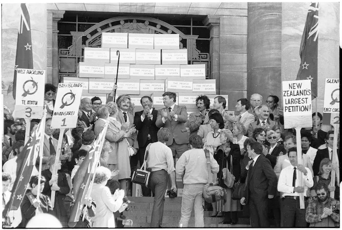 Presentation of petition opposing the Homosexual Law Reform Bill, Parliament, Wellington - Photograph taken by Phil Reid
