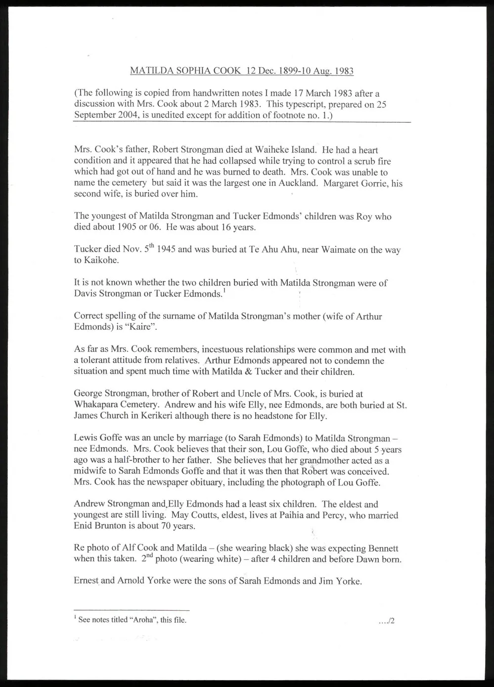 Matilda Sophia Cook 12 December 1899 to 10 August 1983 : Notes about various members of the Strongman; Edmonds and Cook families