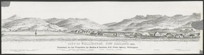 Nattrass, Luke 1803?-1875 :City of Wellington, New Zealand. 1841. [W. Richardson lithographer from a sketch by L. Nattrass. 2nd edition]. Wellington, McKee & Gamble [ca 1890. Part two, central section]