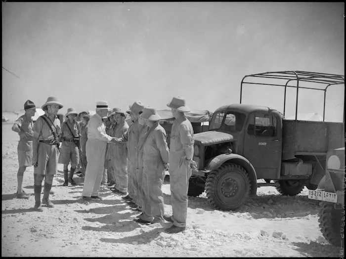 Prime Minister Peter Fraser meeting NZ troops, Egypt