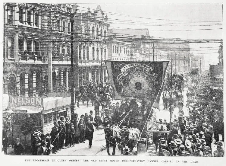 The procession in Queen Street, Auckland on Labour Day, 1902 with the old eight hours demonstration banner carried in the lead