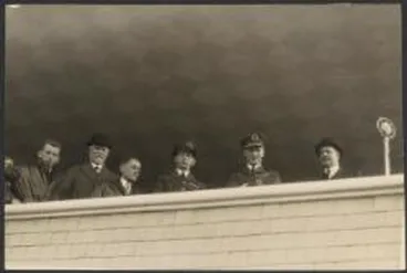 Image: T.H. McWilliam, an unidentified man, H.A. Litchfield, Charles Ulm, Charles Kingsford Smith and Prime Minister of New Zealand Joseph Coates, Wellington, September 1928 / Crown Studios