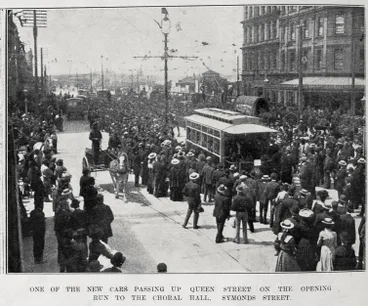 Image: One of the new tram cars passing up Queen Street, Auckland on the opening run to the Choral Hall, Symonds Street