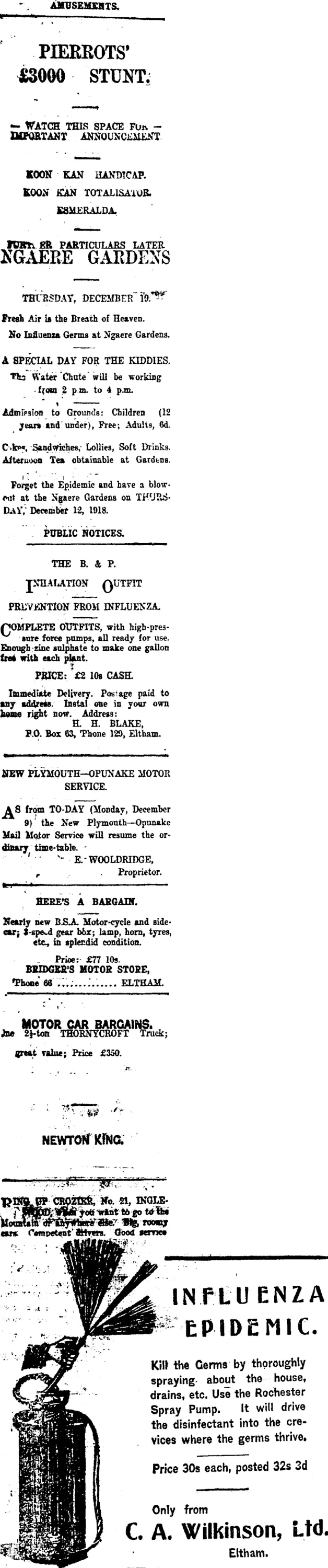 Page 1 Advertisements Column 1 (Taranaki Daily News 10-12-1918)