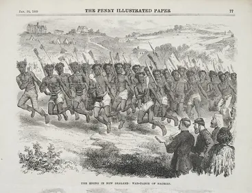 Image: [Robley, Horatio Gordon], 1840-1930 :The rising in New Zealand; war-dance of Maories. The penny illustrated paper. Jan. 30, 1869, [page] 77.