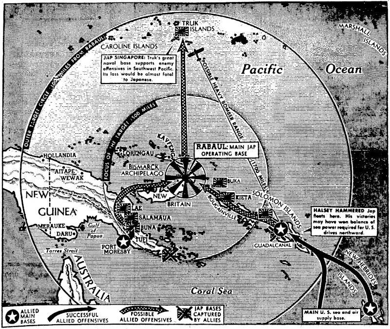 This map of the South-ivest Pacific combat zone shows how United Nations offensives are preparing the ' way for a possible knockout blow against the Japanese grip on the strategic area. Attacks against the Japanese in New Guinea and the Solomons are steps on the road toivards ivresting Rabaul, New Britain, from the enemy, then attacking their major naval base in Truk Island, to the north. (Evening Post, 26 January 1943)