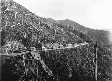 Image: Bragge, James 1833-1908 : Horse drawn carts on the Rimutaka Hill, one mile from the top