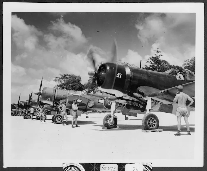 Royal New Zealand Air Force Vought F4U Corsair aircraft, Espirito Santo, Guadalcanal, Solomon Islands, during World War II