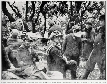 Image: Splendid assistance by the settlers: survivors from the wrecked Wiltshire having refreshments in the bush after being hauled from the vessel
