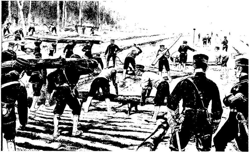 JAPANESE MILITARY ENGINEERS CONSTRUCTING A ROUGH TIMBER ROAD FOR THE TROOPS IN KOREA. The success of the Korean campaign was due to the swift construction of good'roads and bridges, which a.so secured the line of retreat in case of need. During the advance to the Yalu the Japanese engineers have proved their akil'l in improvising roads. Even the flooded rice-fields proved no obstacle, for they felled trees and constructed log roads as in the above illustration Many of the existing Korean roads have  been practically remade. (From the Illustrated London News.) (Otago Witness, 29 June 1904)