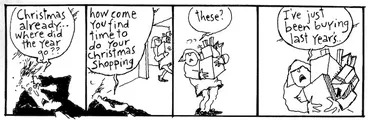 Image: "Christmas already... Where did the year go? How come you find time to do your Christmas shopping" "These? I've just been buying last year's..." New Zealand Doctor, 20 November 2001