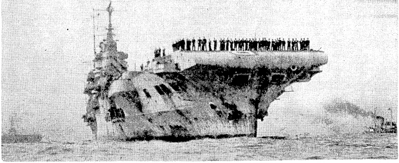H.M.S. Formidable, British aircraft-carrier, entering Sydney Harbour recently after having participated in strikes against, the Japanese home islands just before the surrender. Other units of the British Fleet in the Pacific entered at the same time, and all the crews had an enthusiastic reception. (Evening Post, 10 September 1945)