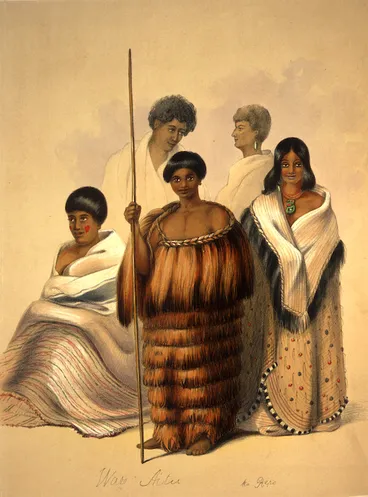 Image: Angas, George French 1822-1886 :A group at the Te Aro Pah, Port Nicholson. Ware. Aitu. Ko Repu. George French Angas [delt & lith]. Plate 40. 1847.