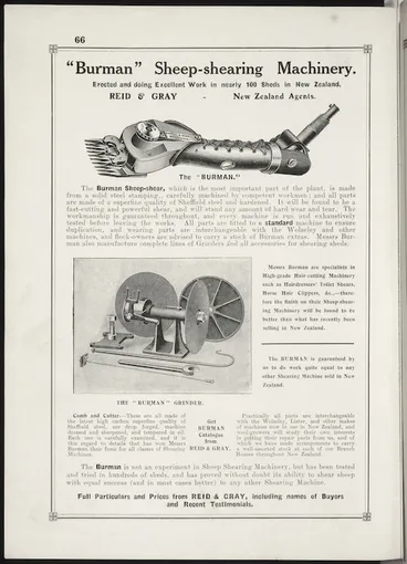Image: Reid & Gray Ltd :"Burman" sheep-shearing machinery, erected and doing excellent work in nearly 100 sheds in New Zealand. [1913]