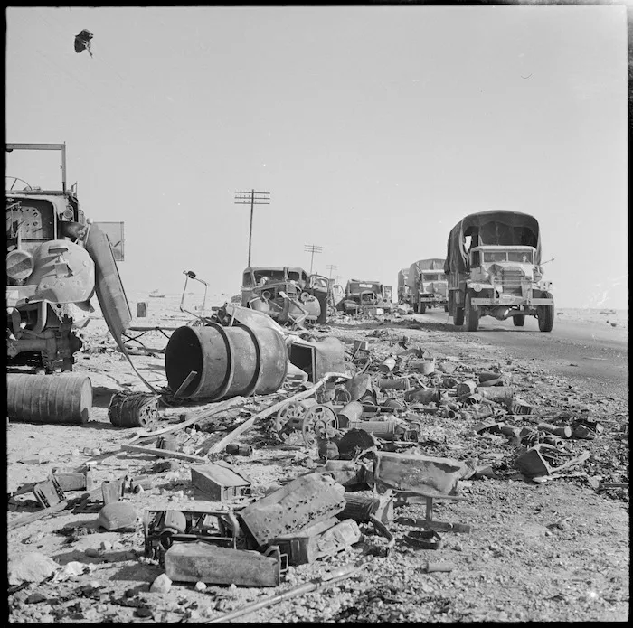 Enemy transport wrecked during Axis retreat along North African Coast - Photograph taken by H Paton
