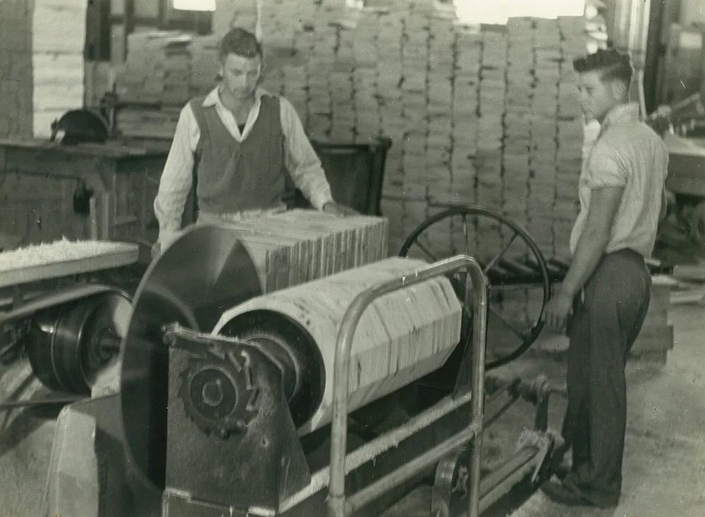 Egmont Box Company Limited. Tokoroa factory. Shaping cheese crate polygons for crate ends and centres, 1947-1948