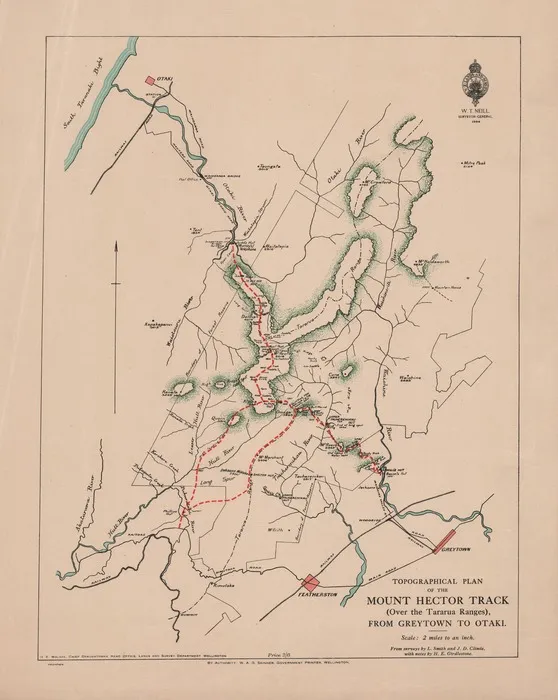 Topographical plan of the Mount Hector track over the Tararua ranges from Greytown to Otaki / from surveys by L. Smith and J.D. Climie ; with notes by H.E. Girdlestone.
