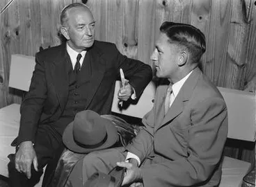 Image: [Mr. W. S. McGibbon, (left) Chairman Lyttelton Road Tunnel Authority. Mr. R. L. Wilks, Akld Harbour Authority General Manager]