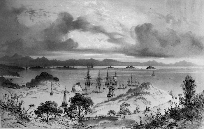 Le Breton, Louis Auguste Marie, 1818-1866 :Mouillage de Korora-Reka (Baie des Isles). Dessine par L. Le Breton. Lith. par Sabatier. Lith de Thierry freres, Paris. Gide Editeur. Imp. Lemercier, Paris, [1846].