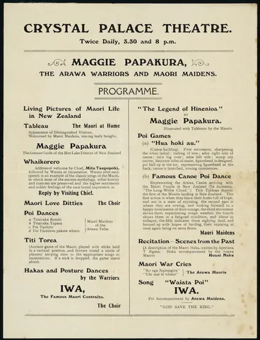 Image: Programme for "Maggie Papakura, the Arawa warriors and Maori maidens" at the Crystal Palace Theatre