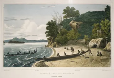 Image: Sainson, Louis Auguste de b 1800 :Village a l'Anse de l'Astrolabe (Nouvelle Zelande). Villeneuve lith; figures par V. Adam; de Sainson pinx. [Paris, 1833]