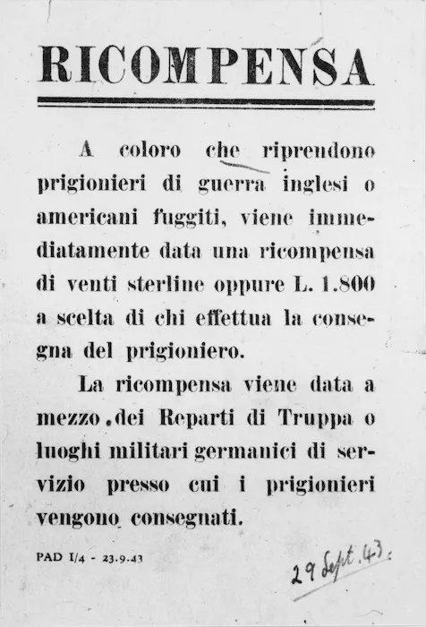 Leaflet offering a reward for escaped allied prisoners of war