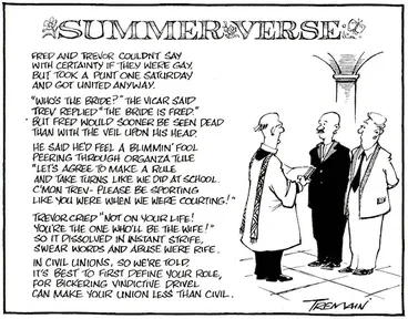 Image: Tremain, Garrick, 1941- :Fred and Trevor couldn't say with certainty if they were gay... Otago Daily Times, 25 January 2005.