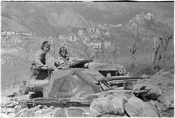 New Zealand armoured car following up the retreating enemy, Italy, during World War 2