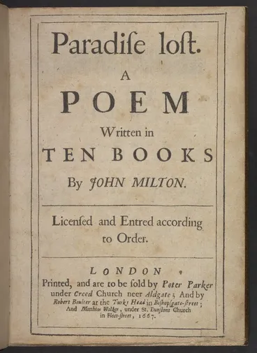 Image: Paradise lost. A poem written in ten books by John Milton. Licensed and entred according to order.