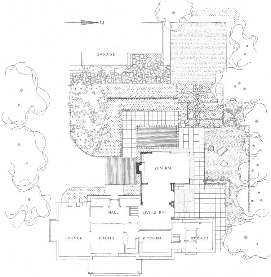 Black and white line drawing of house floorplan, designed by E. A. and Anna Plischke