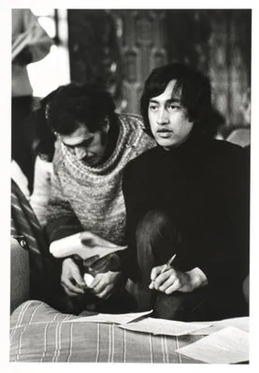 Image: Literature discussion group, Tukaki wharenui, Te Kaha-nui-a-tiki marae, Te Kaha. Witi Ihimaera and Rowley Habib/Hapipi. June 1973