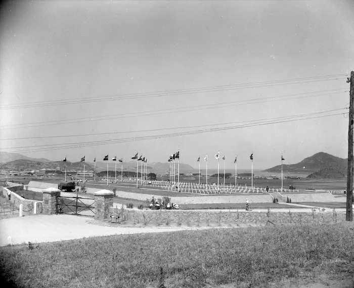 Part of the UN Cemetery at Pusan, Korea, with the flags of each country represented